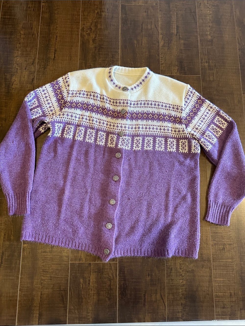 Purple and White Fair Isle Button-Front Women's Sweater